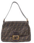 FNDI Mamma Baguette Zucca Canvas Leather Shoulder Bag Brown