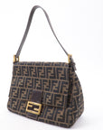 FNDI Mamma Baguette Zucca Canvas Leather Shoulder Bag Brown