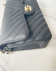 CHNL 19S Classic Small Double Flap Black Matte Chevron Caviar with light gold hardware