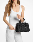 Laila Small Embellished Laser Cut Leather Satchel (BLACK)