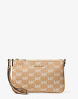 Jet Set Travel Small Logo Jacquard Denim Wristlet (CAMEL)