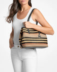 Avalon Medium Striped Woven Tote Bag (BLACK)