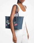 Avalon Medium Embellished Denim Convertible Tote Bag (WASHED DENIM)