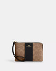Corner Zip Wristlet In Signature Canvas With Stripe (Gold/Tan/Black)