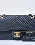 CHNL Black Chevron Leather Small Classic Flap Bag