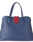 PRD BLUE-RED SAFFIANO LEATHER DOUBLE HANDLE TOTE (BN) GOLD HARDWARE WITH STRAP, CARD AND DUST COVER