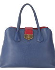 PRD BLUE-RED SAFFIANO LEATHER DOUBLE HANDLE TOTE (BN) GOLD HARDWARE WITH STRAP, CARD AND DUST COVER