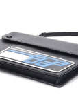 PRD CLUTCH BLACK RETRO RACING LOGO PRINT SAFFIANO LEATHER SILVER HARDWARE, NO CARD & DUST COVER