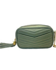 YSL Light Sage Chevron Black Leather Monogram Chain Shoulder Bag