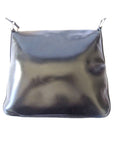 s GCCI saddle bag in black leather with muted gold hardware, an expandable bottom, wide shoulder strap, and burgundy leather lining