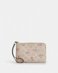Corner Zip Wristlet In Signature Canvas With Floral Print (Gold/Sand Multi)