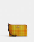 Corner Zip Wristlet In Regenerative Cotton With Plaid Print (Gold/Burnished Amber)