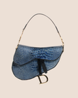 CHRISTIAN DOR BLUE CALFSKIN CROCODILE EMBOSSED SADDLE BAG