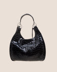 CHRISTIAN DOR BLACK CROC EMBOSSED PATENT LEATHER TOTE BAG