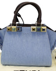 FNDI Crossbody 3 Jour Mini Fringed Studs Tote Blue Denim Shoulder Bag