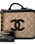 CHNL Quilted Medium CC Filigree Vanity Case Beige Caviar Gold Hardware