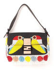 FNDI Denim Multicolor Beaded Fringe Qutweet Bird Baguette Bag