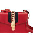 (WMNS) GCCI Sylvie Gold buckle Stripe Webbing Bow Wide Version Leather handbag Small Red -CVLEG-