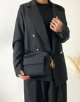 Christian DOR Cannage Logo Motif Charm Nylon Shoulder bag Black Vintage eewt