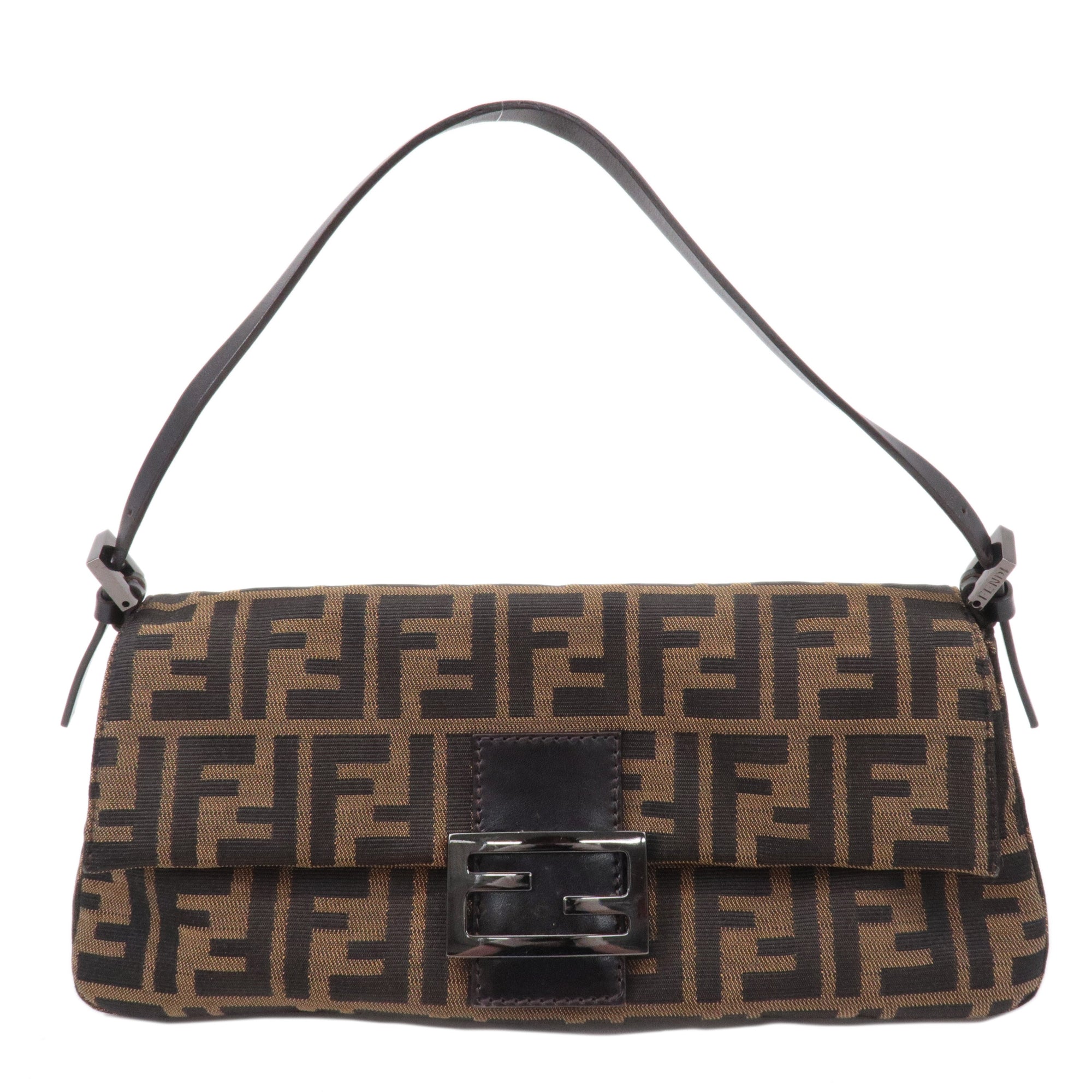 FNDI Mamma Baguette Zucca Canvas Leather Bag Brown 8BR181