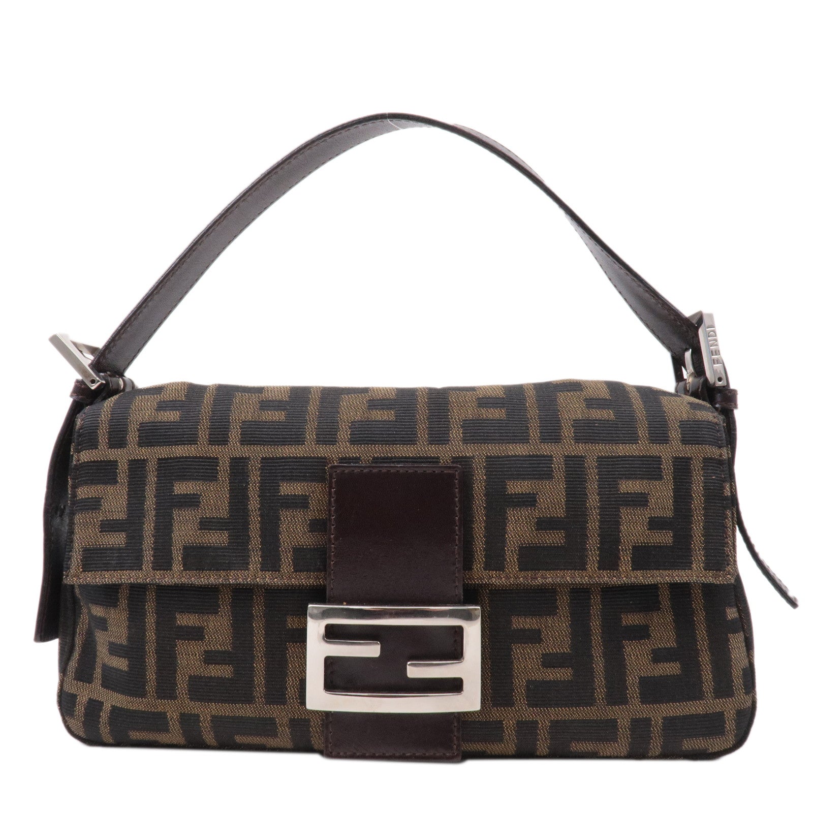 FNDI Mamma Baguette Zucca Canvas Leather Shoulder Bag Brown 26424