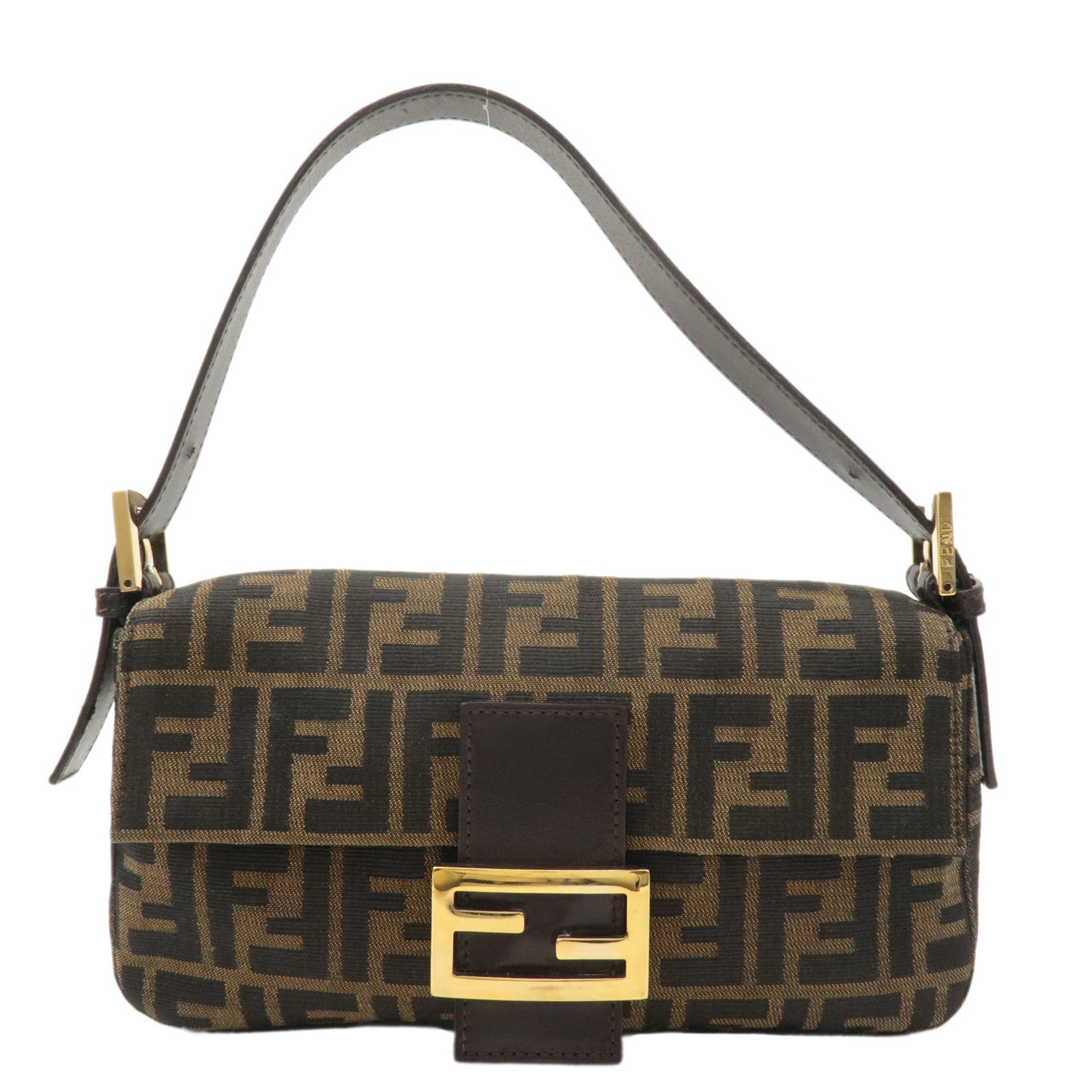 FNDI Mamma Baguette Zucca Canvas Leather Shoulder Bag Brown 26424