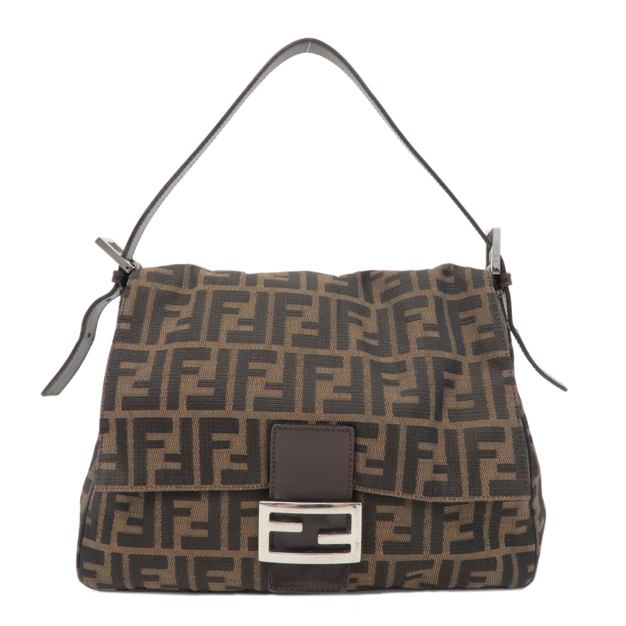 FNDI Mamma Baguette Zucca Canvas Leather Shoulder Bag Brown