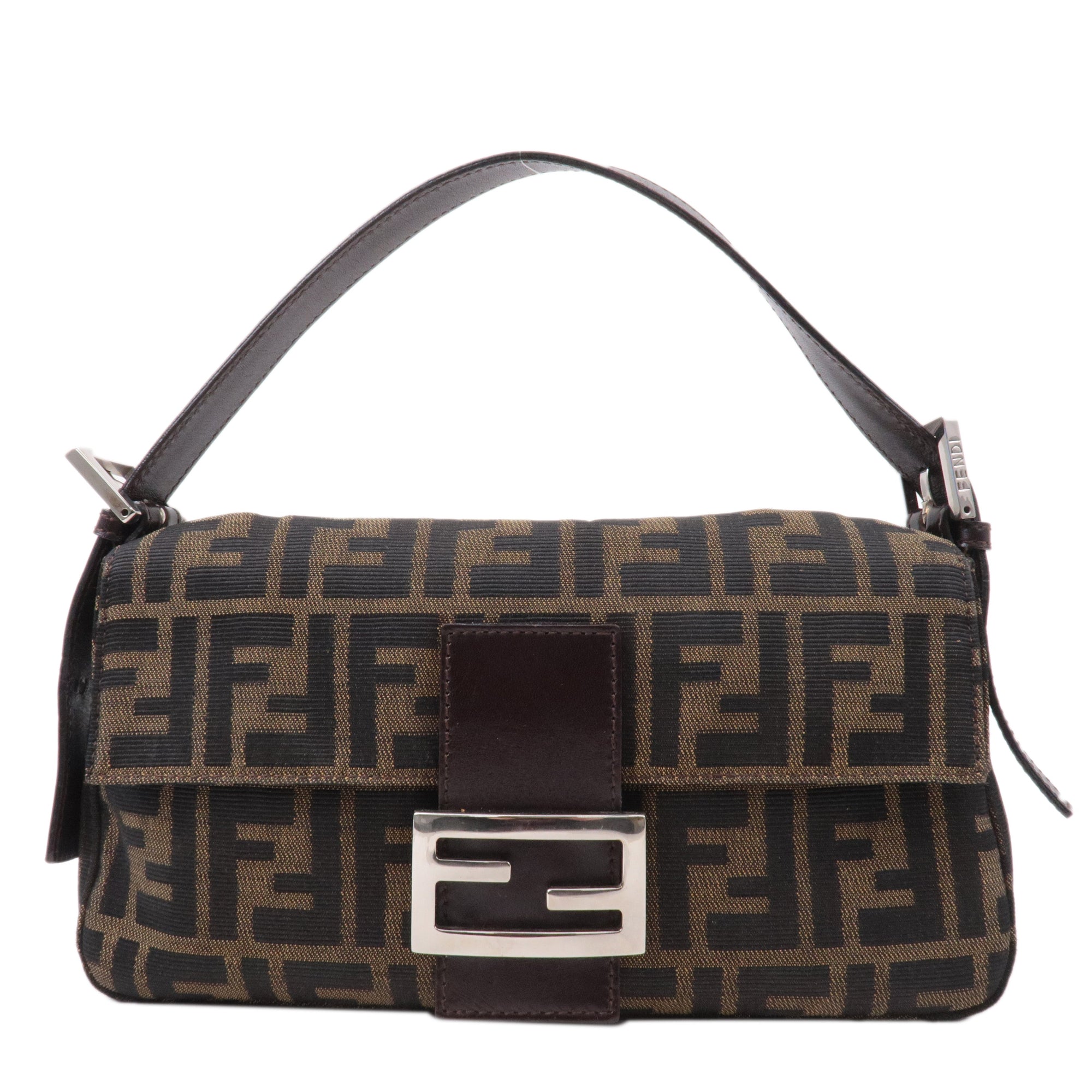 FNDI Mamma Baguette Zucca Canvas Leather Shoulder Bag Brown 26424