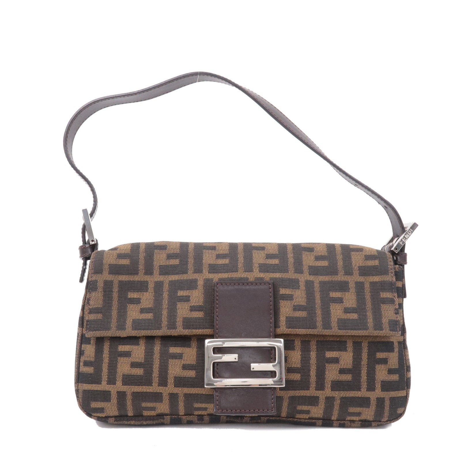 FNDI Mamma Baguette Zucca Canvas Leather Shoulder Bag Brown 26424