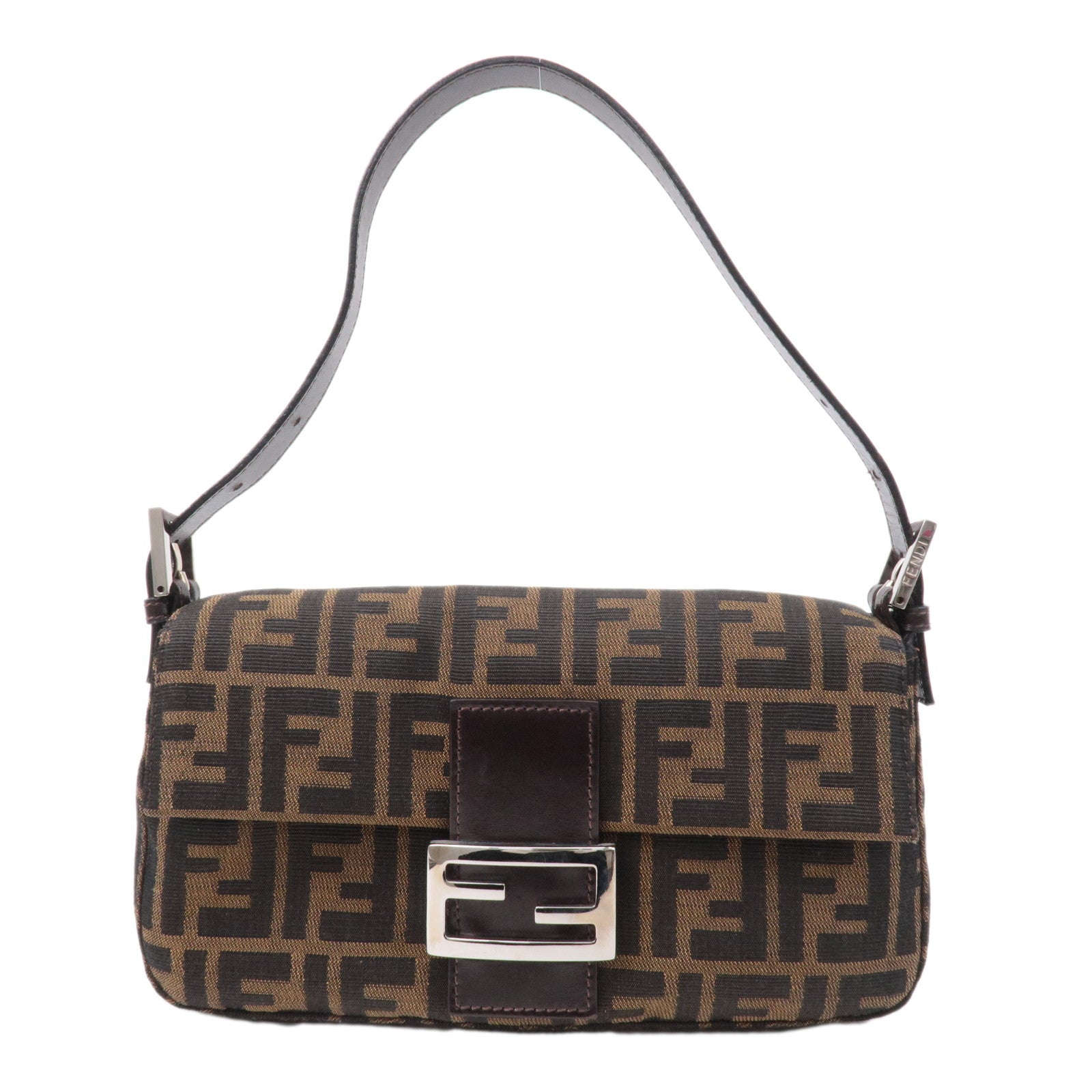 FNDI Mamma Baguette Zucca Canvas Leather Shoulder Bag Brown 26424