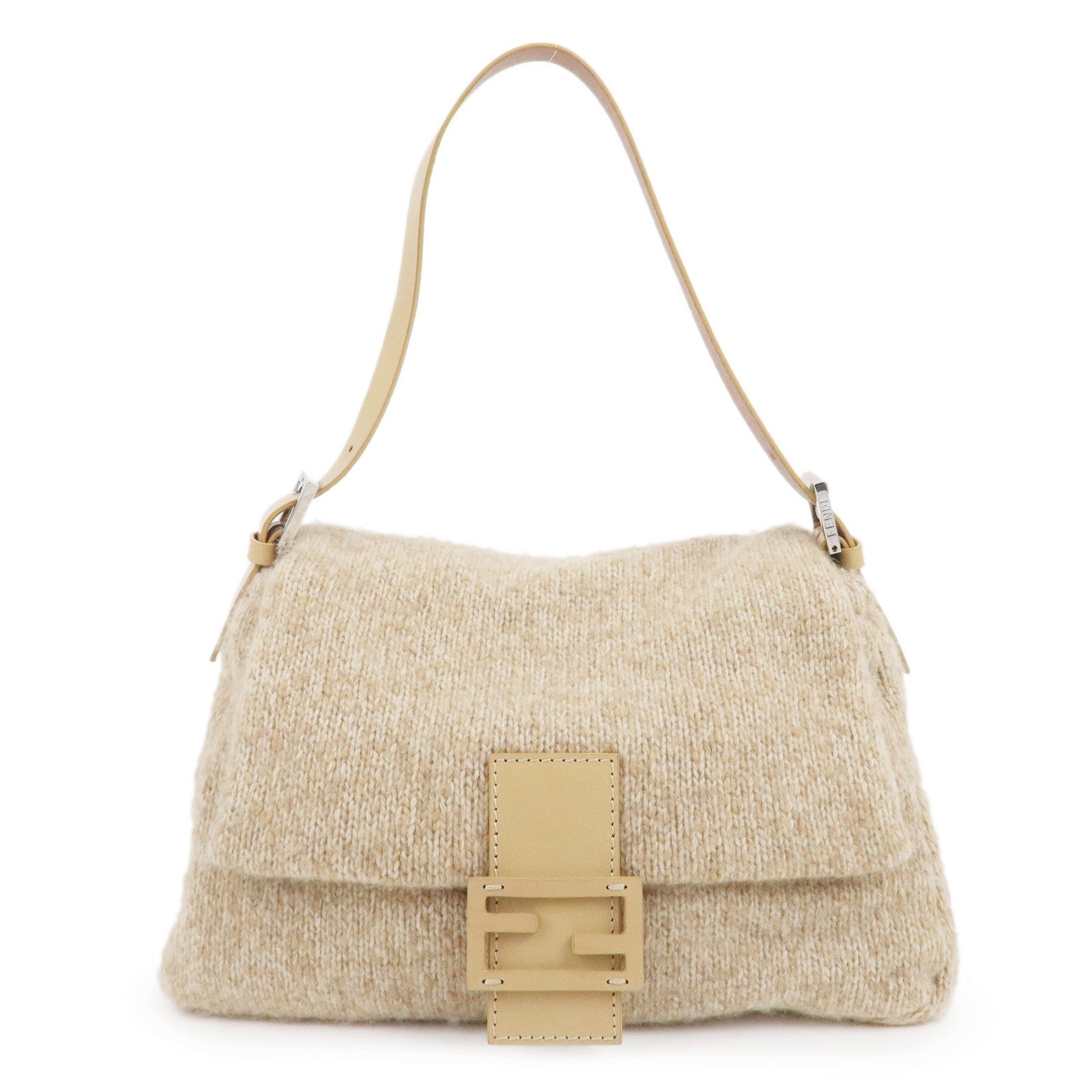 FNDI Mamma Baguette Wool Knit Leather Shoulder Bag Beige 26325