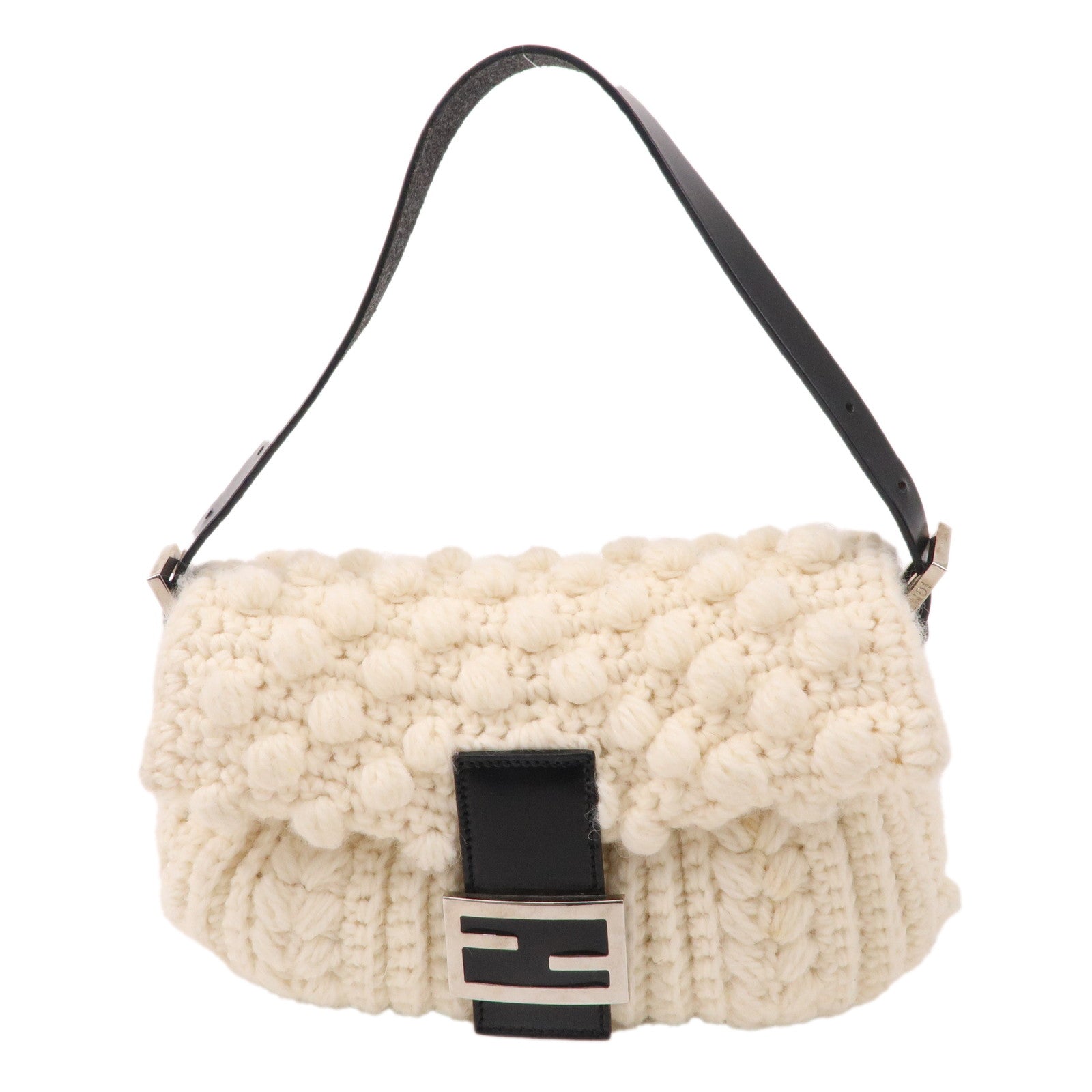 FNDI Mamma Baguette Knit Leather Shoulder Bag White Black 16059