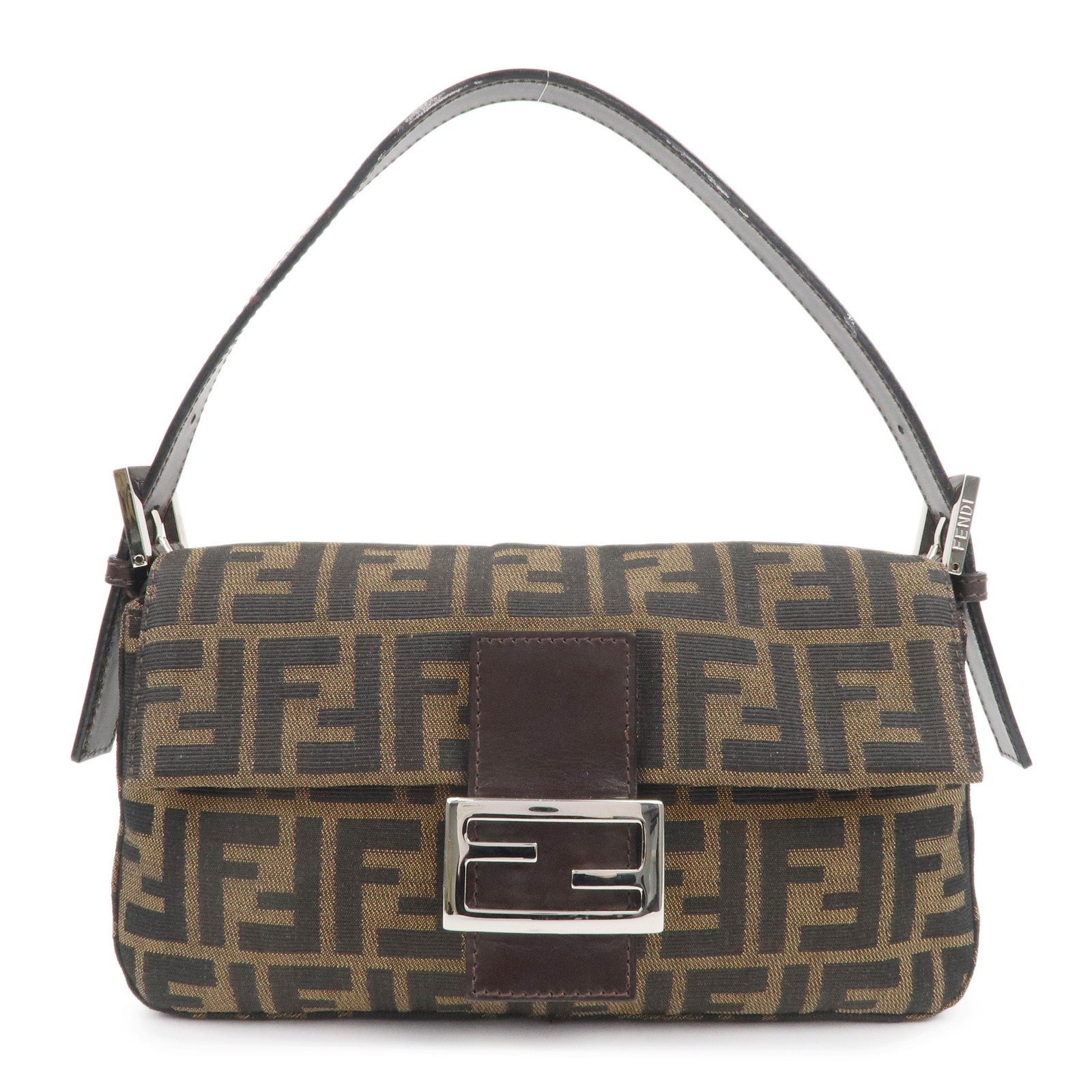 FNDI Mamma Baguette Canvas Leather Shoulder Bag Brown Black 26424