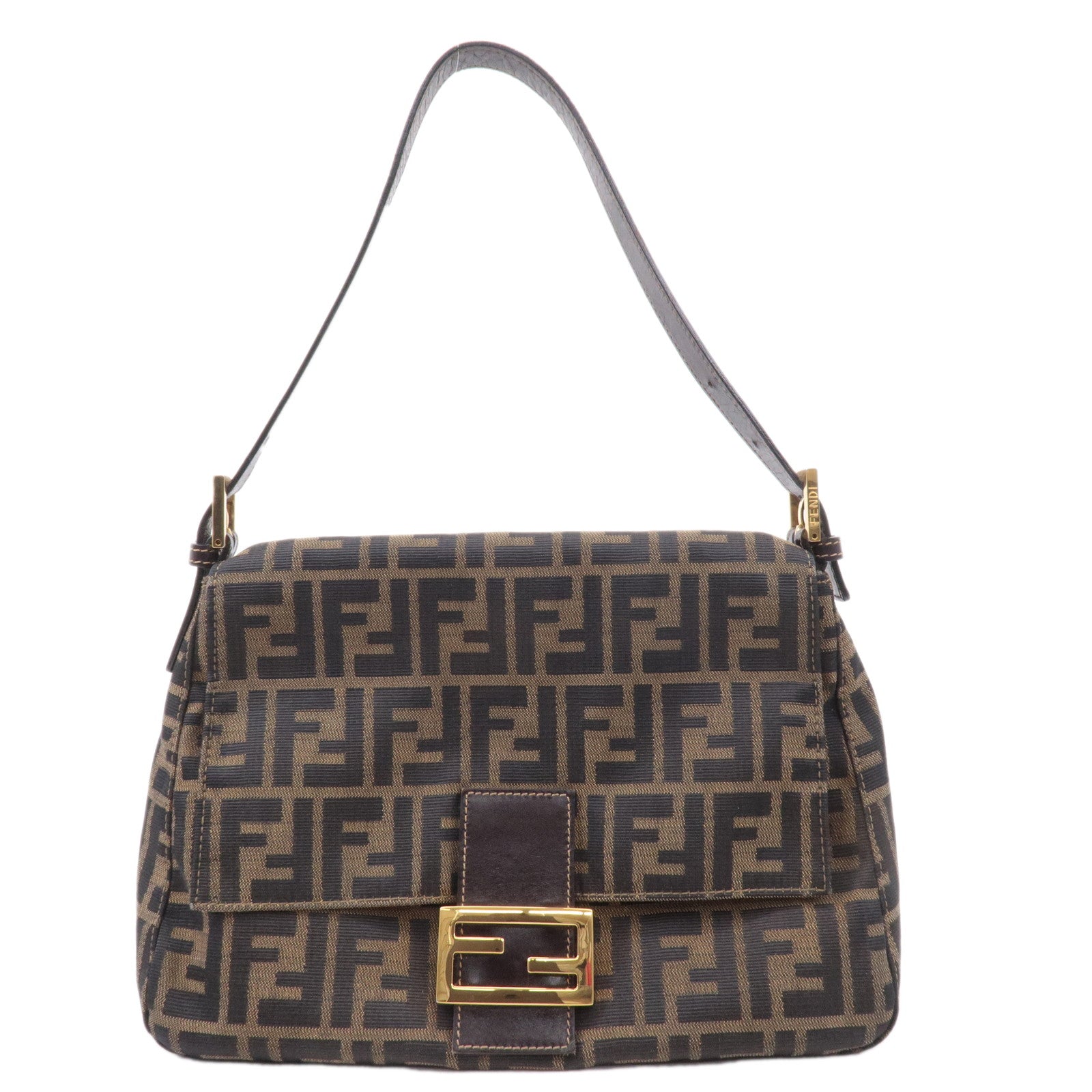 FNDI Mamma Baguette Zucca Canvas Leather Shoulder Bag Brown