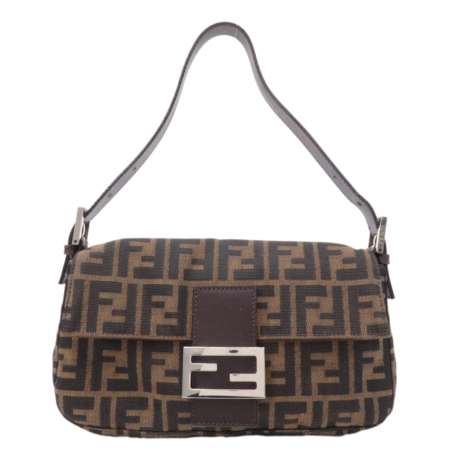 FNDI Mamma Baguette Zucca Canvas Leather Shoulder Bag Brown 26424