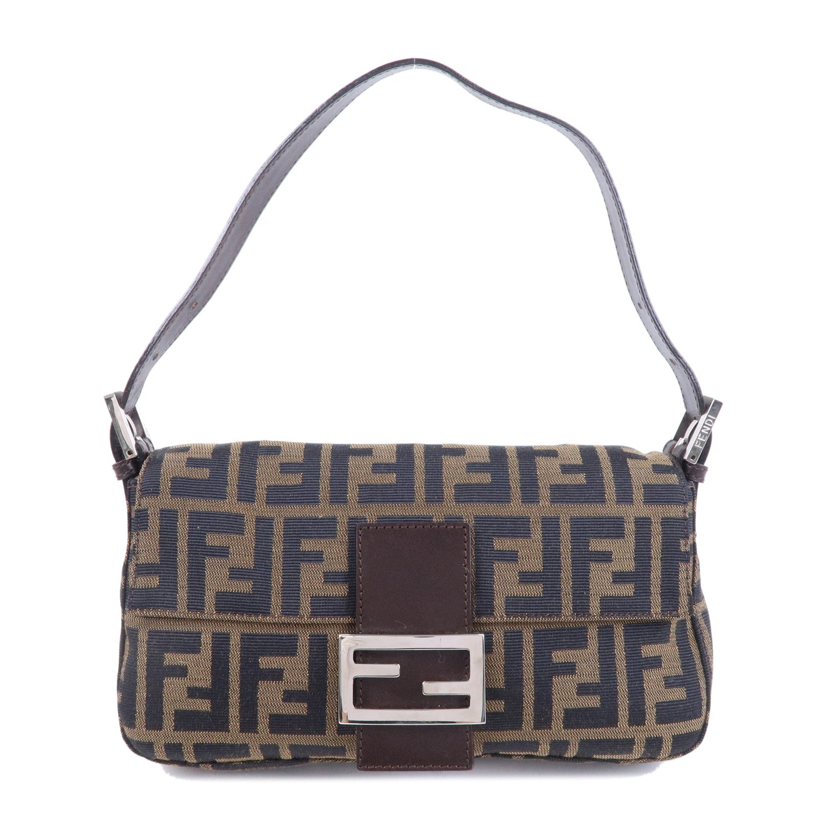 FNDI Mamma Baguette Zucca Canvas Leather Shoulder Bag Brown 26424