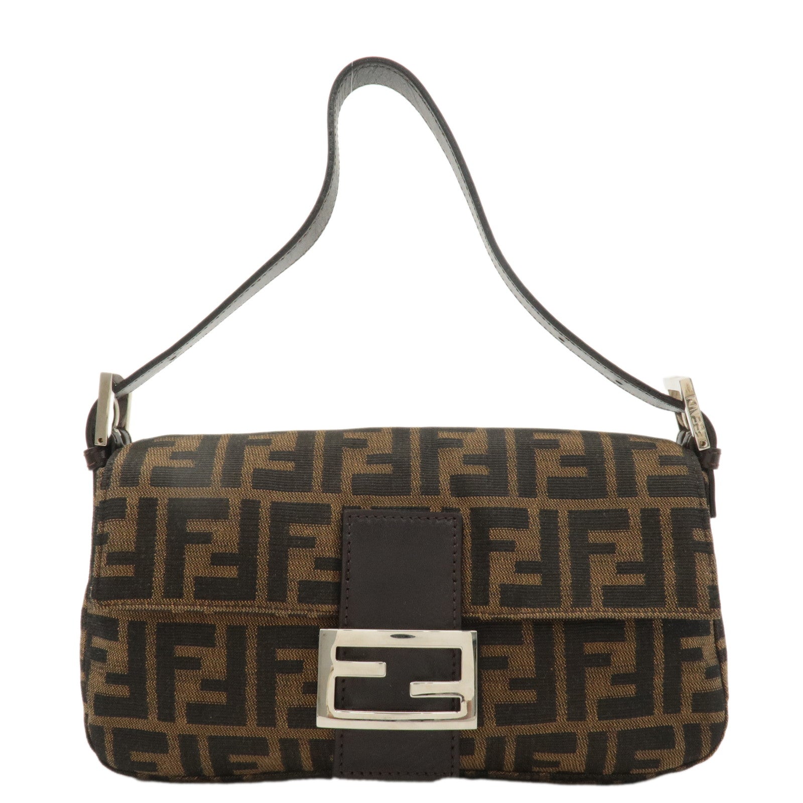 FNDI Mamma Baguette Canvas Leather Shoulder Bag Brown Black 26424