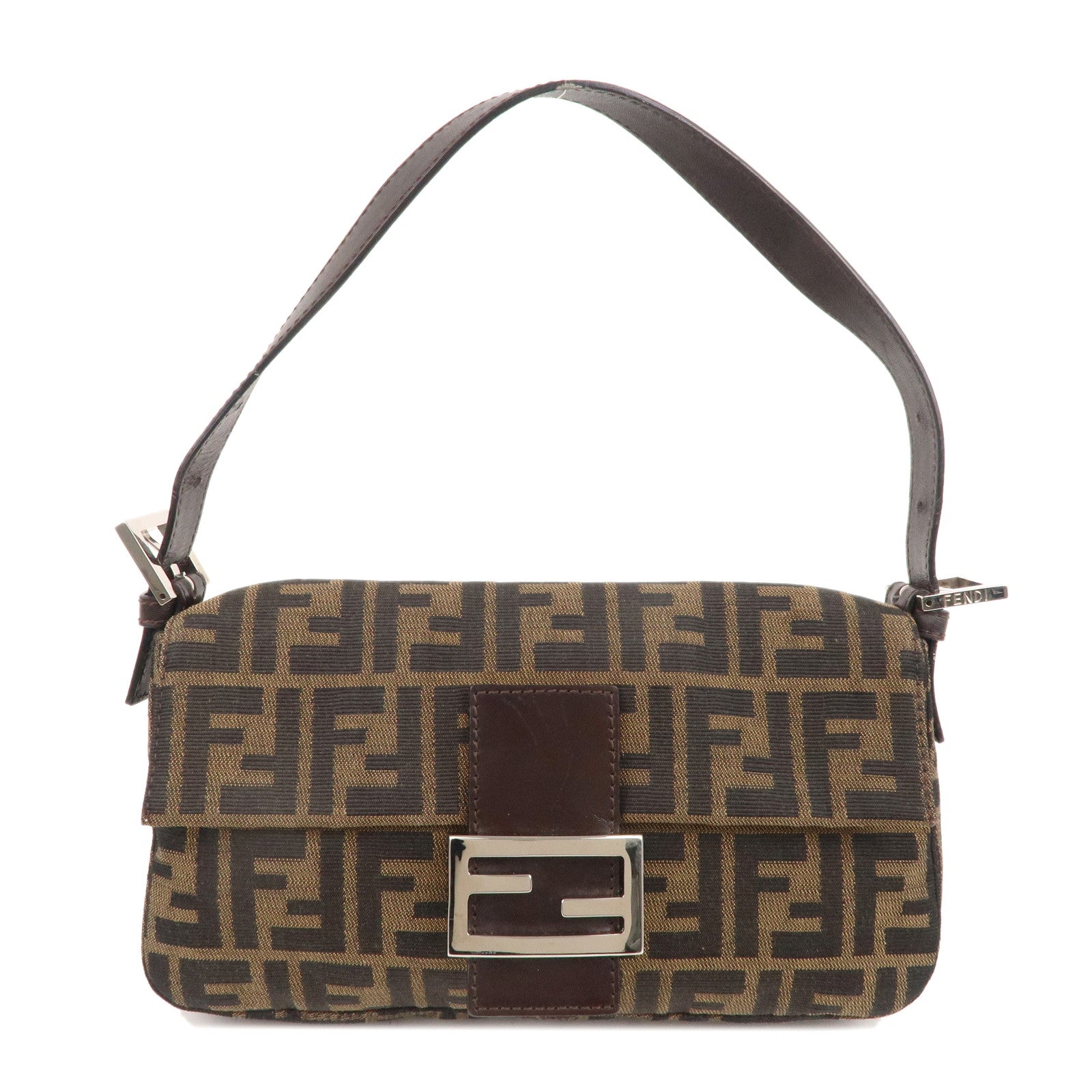 FNDI Mamma Baguette Canvas Leather Shoulder Bag Brown Black 26424