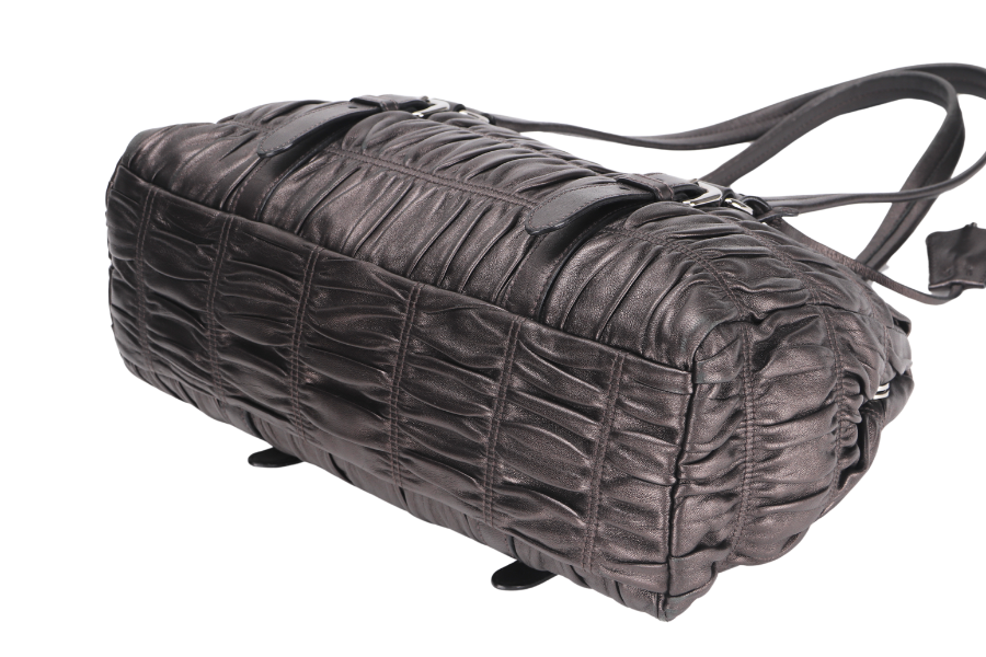 PRD BR PUSHLOCK FLAP BAG METALIC GREY LEATHER SILVER HARDWARE WITH DUST COVER