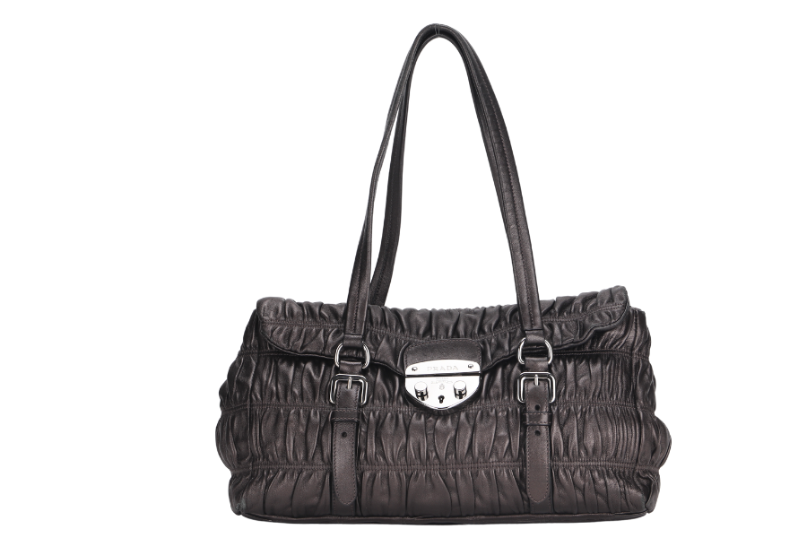 PRD BR PUSHLOCK FLAP BAG METALIC GREY LEATHER SILVER HARDWARE WITH DUST COVER