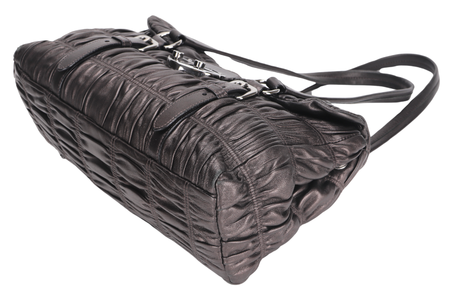 PRD BR PUSHLOCK FLAP BAG METALIC GREY LEATHER SILVER HARDWARE WITH DUST COVER