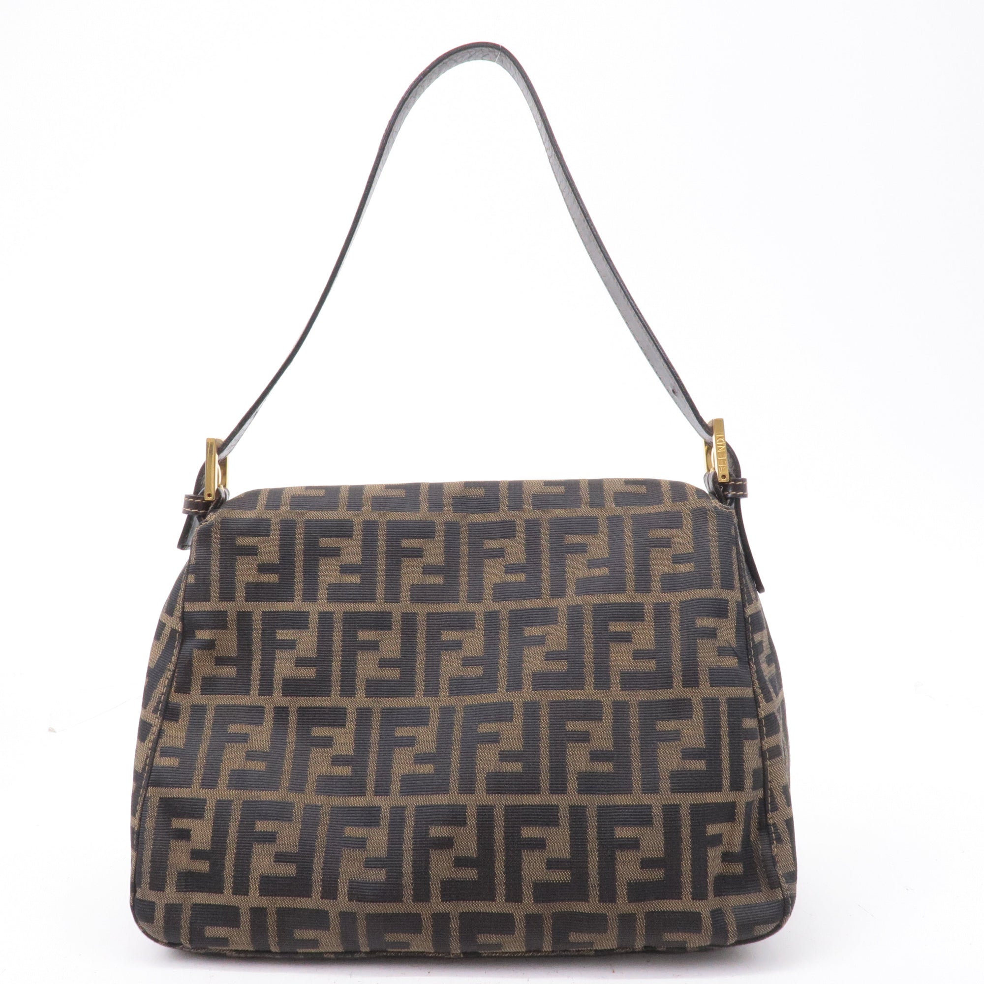FNDI Mamma Baguette Zucca Canvas Leather Shoulder Bag Brown