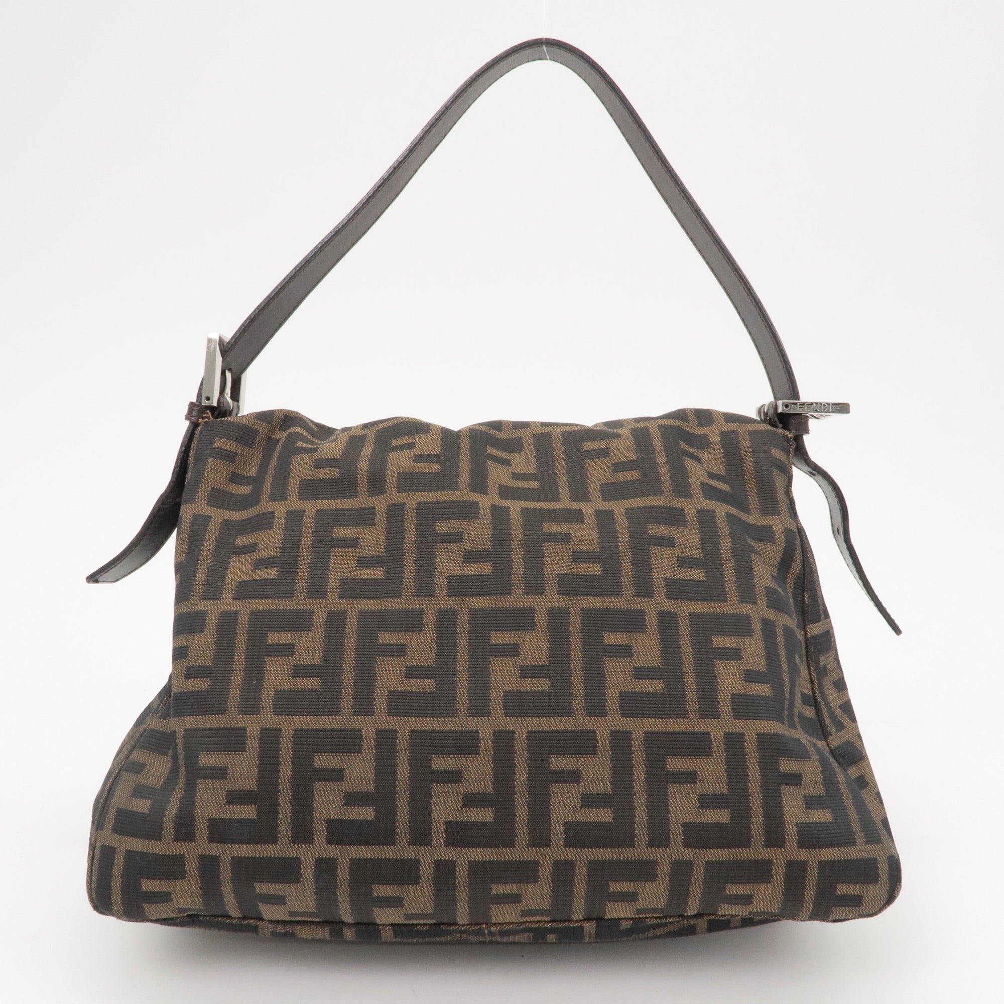 FNDI Mamma Baguette Zucca Canvas Leather Shoulder Bag Brown