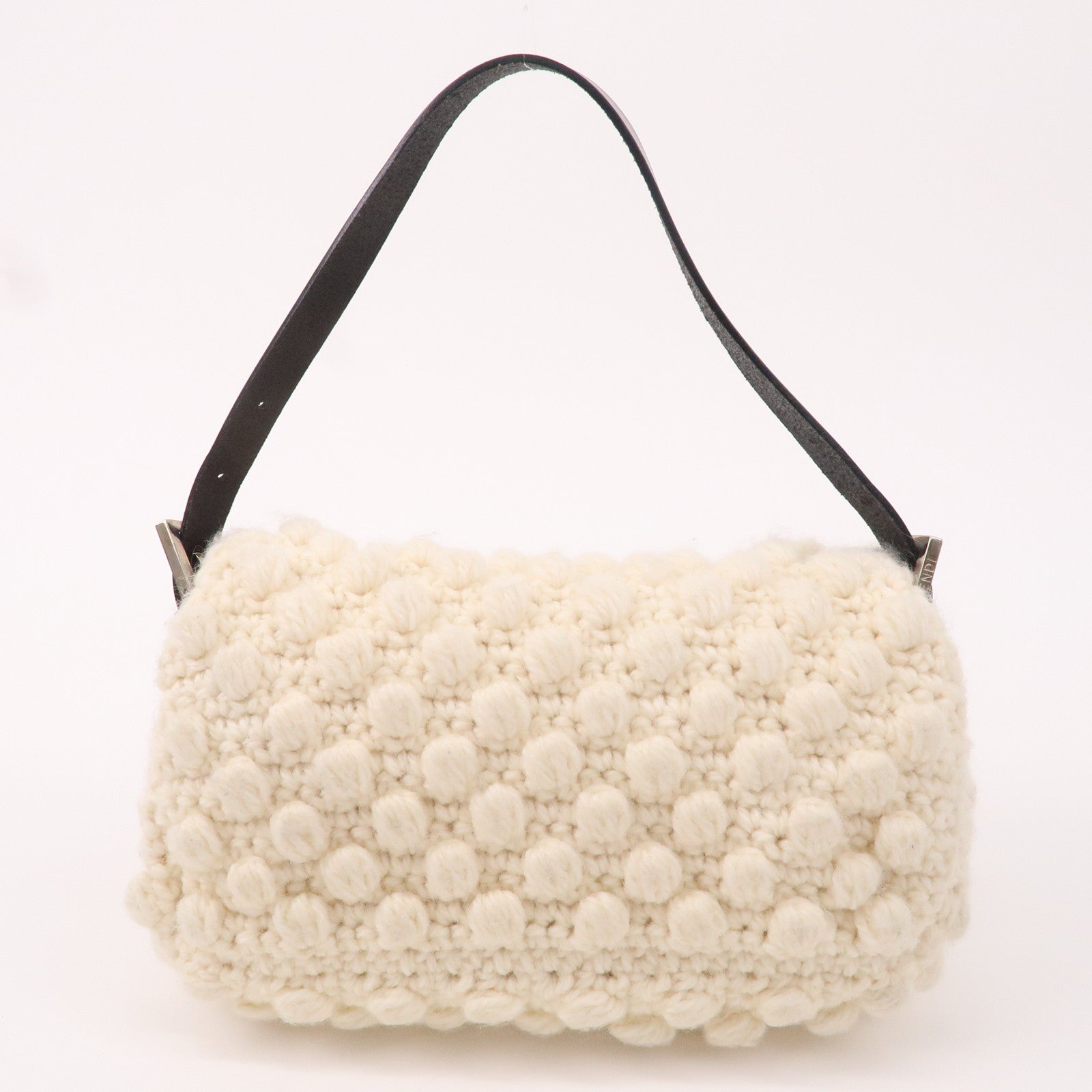 FNDI Mamma Baguette Knit Leather Shoulder Bag White Black 16059