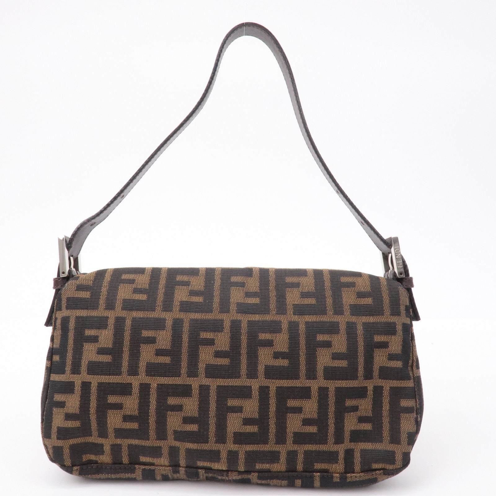 FNDI Mamma Baguette Zucca Canvas Leather Shoulder Bag Brown 26424