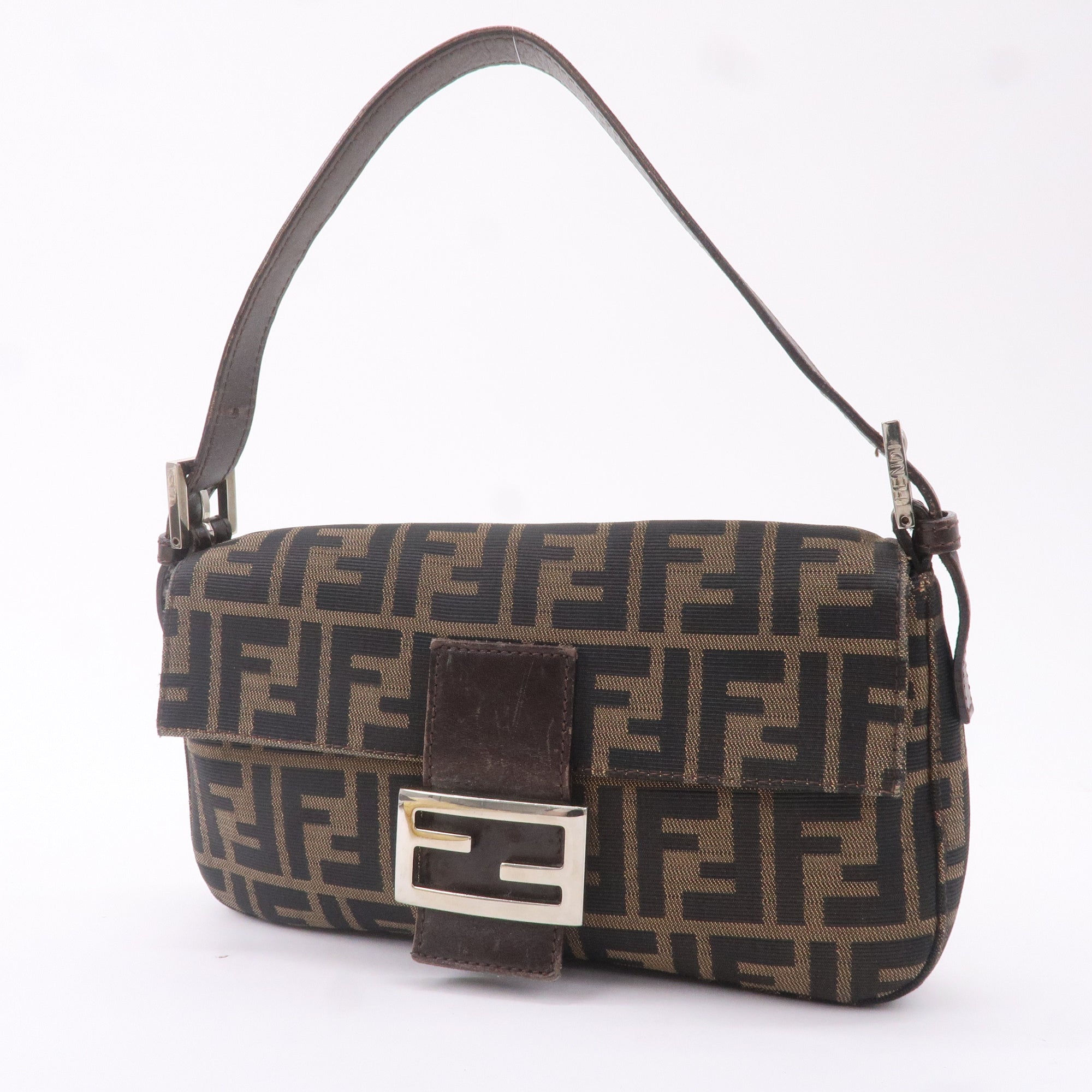 FNDI Mamma Baguette Zucca Canvas Leather Bag Brown 26424