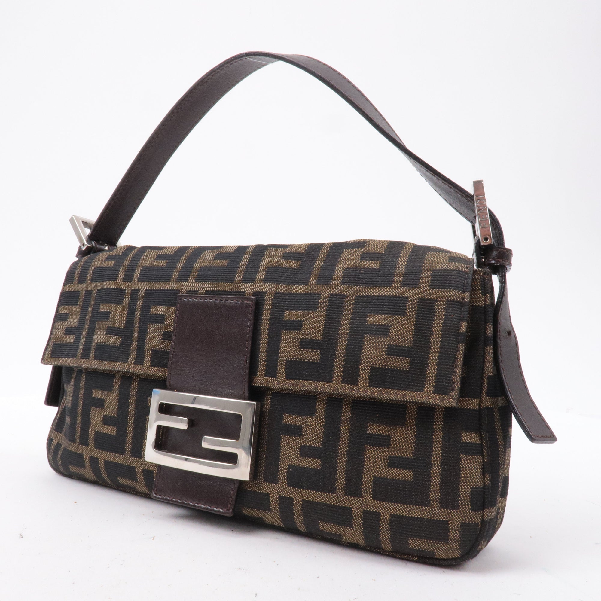 FNDI Mamma Baguette Zucca Canvas Leather Shoulder Bag Brown 26424