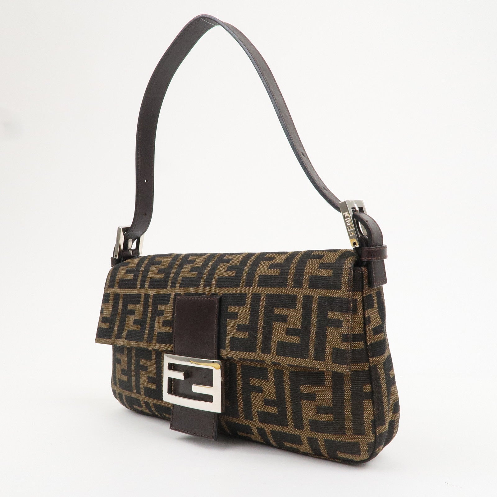 FNDI Mamma Baguette Canvas Leather Shoulder Bag Brown Black 26424