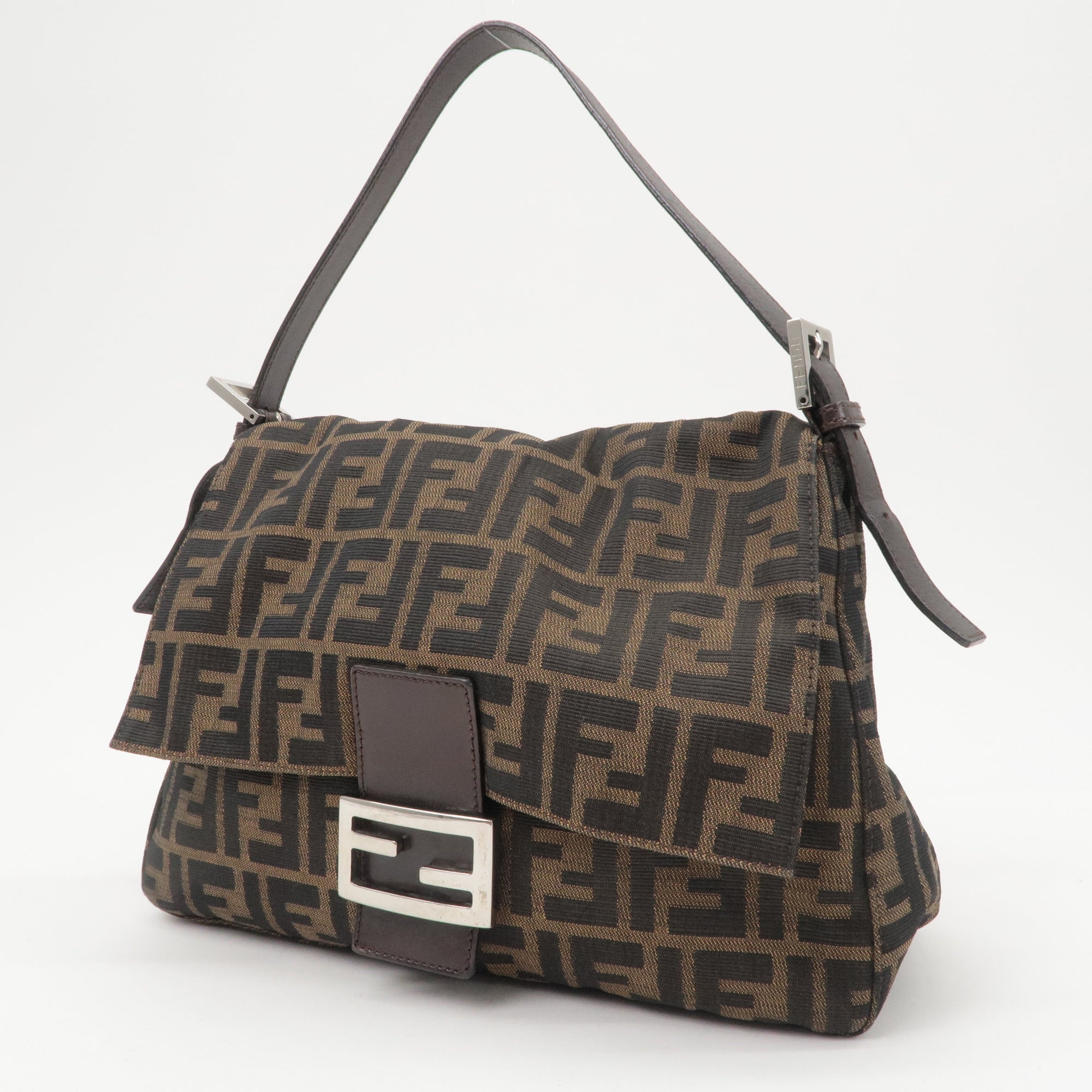 FNDI Mamma Baguette Zucca Canvas Leather Shoulder Bag Brown