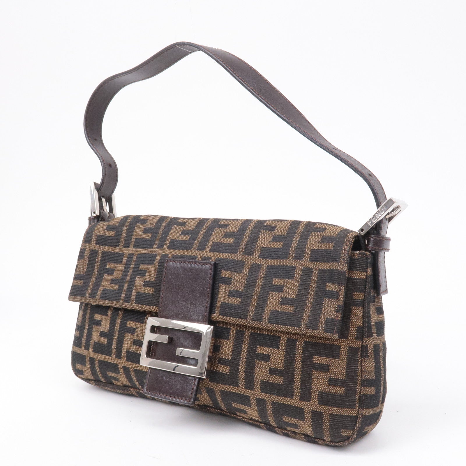 FNDI Mamma Baguette Zucca Canvas Leather Shoulder Bag Brown 26424